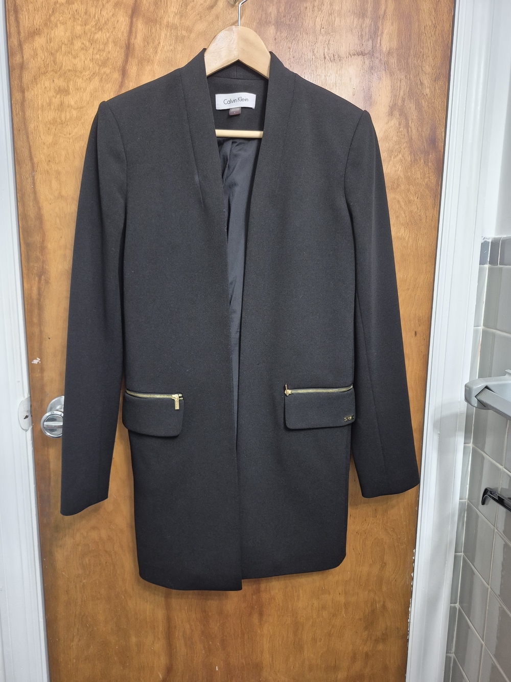 Calvin Klein Black Long Open-Front Blazer with Gold Zipper Accents